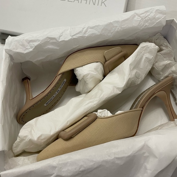 Manolo Blahnik Maysale Linen Mules Tan 70mm 37 - Picture 12 of 14